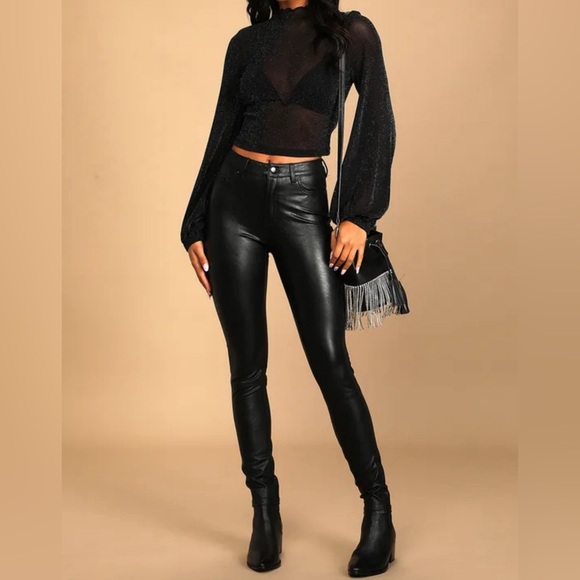 Lulus Sparkle Here and There Black Mesh Long Sleeve Crop Top Multiple Sizes - Picture 2 of 7